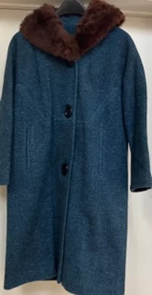 Vintage Blue Boucle Wool Coat With Genuine Fur Collar. Circa 1950’s. Size M