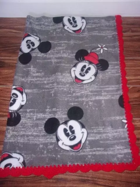 Mickey And Minnie Mouse -Baby-Grey Blanket-Fleece-Red Crochet-Edge