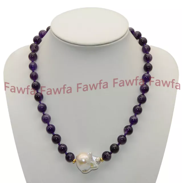 Natural 6/8/10/12/14mm Purple Amethyst Gems White Baroque Pearl Beaded Necklaces