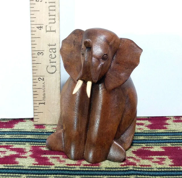 Small 4 1/2" Sitting Elephant, Hard Wood Art Sculpture Hand Crafted Made in Bali