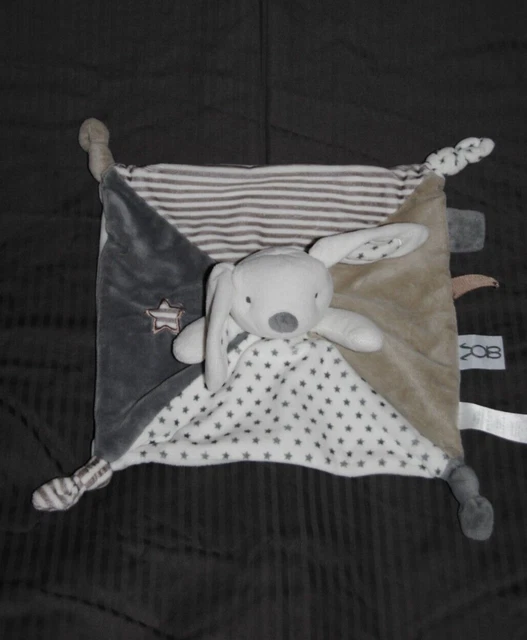 Doudou Plat Lapin OBAIBI OKAIDI Blanc Beige Marron Rayé Taupe Etoiles Gris Carré