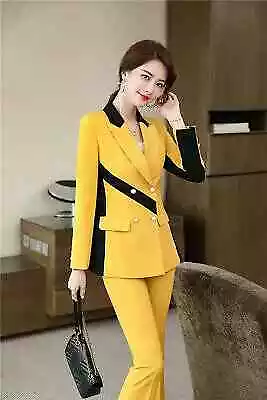 Tailleur completo donna giallo nero giacca manica lunga pantalone elegante 4861