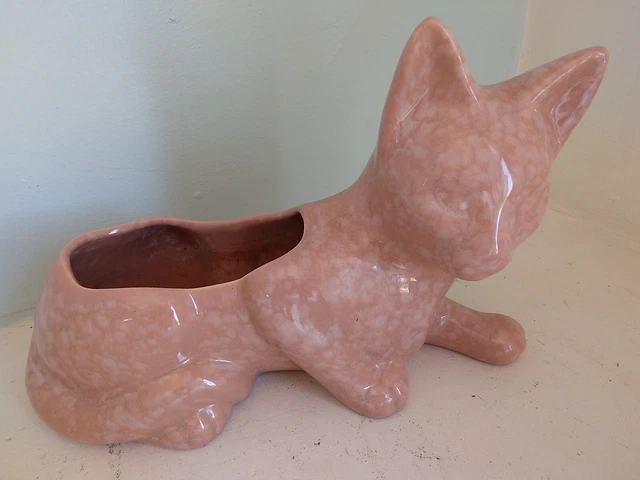 Cat Planter Pink Graniteware Speckled Ceramic Vtg Pottery Large 12" x 8"