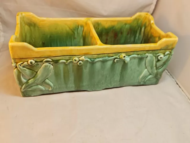 Antique  Australian Pottery Harvey School Signed Green Trough Vase  Gumleaf Nuts