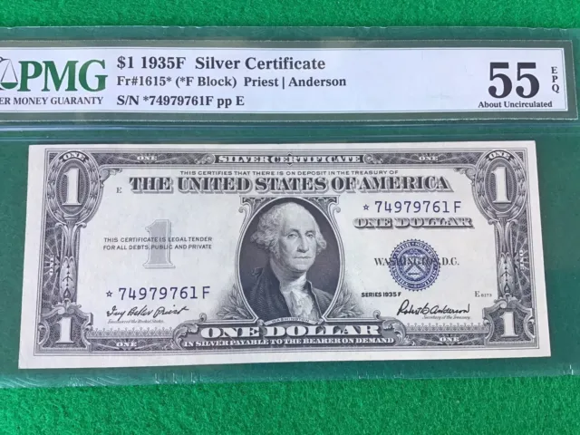 1935F $1 Silver Certificate Fr#1651 *f Block Star Note Pmg 55 Epq About Unc 3