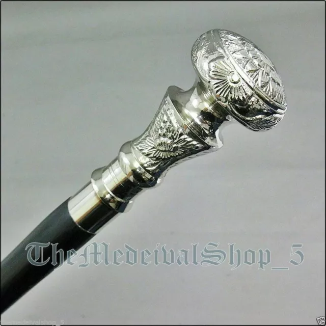 Vintage Antique Walking Cane Wooden Walking Stick Silver Brass Handle Knob Gift