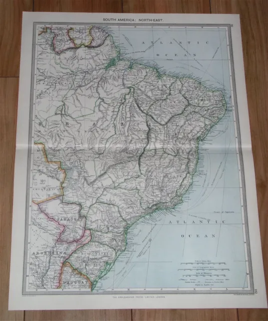 1908 Antique Map Of Eastern Brazil / Paraguay / South America