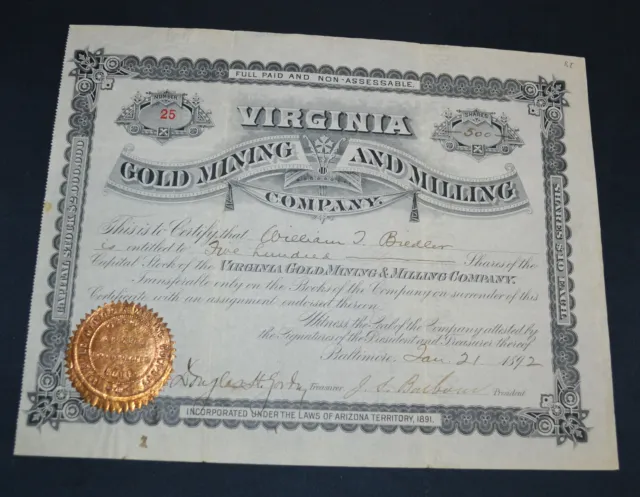 Virginia Gold Mining and Milling Company 1892 antique stock certificate