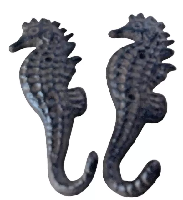 Two Seahorse Wall Hooks Cast Iron Coat Towel Key Hanger Rustic Brown 6.5"