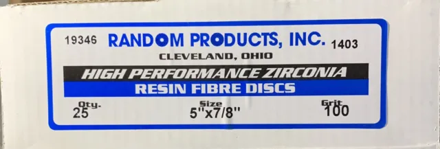 RANDOM PRODUCTS 5” x 7/8" 100 Grit Resin Fiber Sanding Disc Zirconia 25 Pack NEW