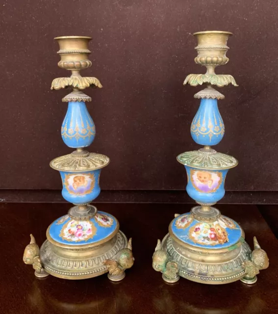 pair of 19th century Paris France Hand-painted bronze porcelain candlestick