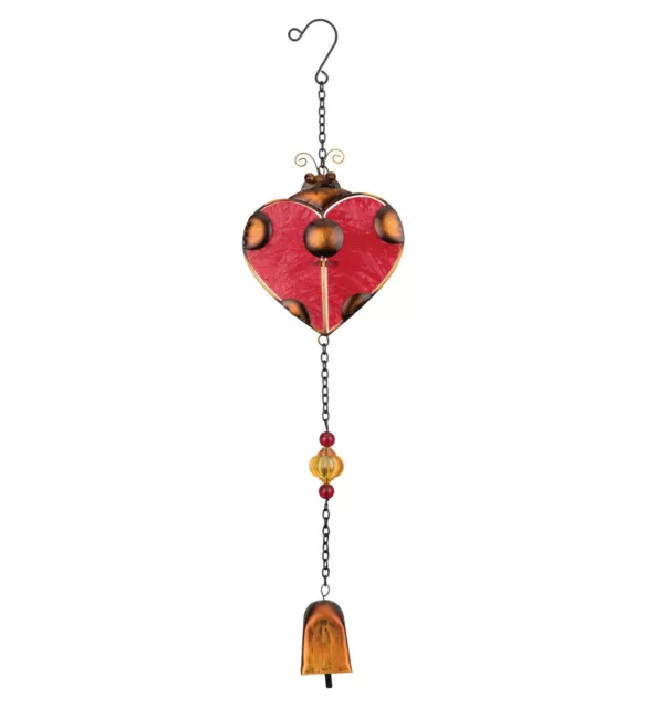 Ladybug Heart Glass Metal Sun Catcher Hanging Garden Bell wind chime red art