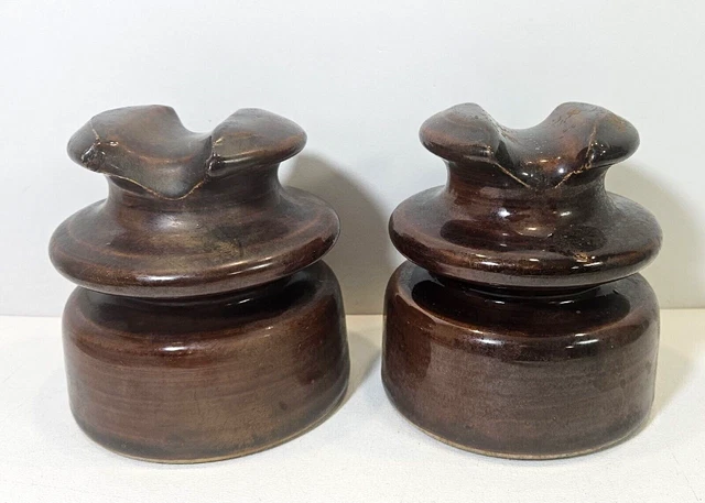 Vintage Large Porcelain or Ceramic Insulators Lot of 2 Brown Power Telphone