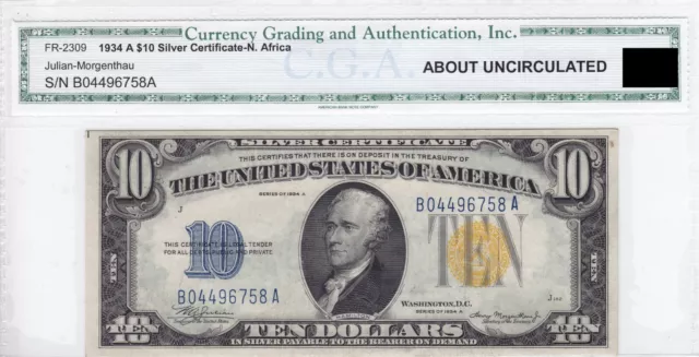 1934A $10 Silver Certificate Note North Africa Issue FR#2309 AU B04496758A