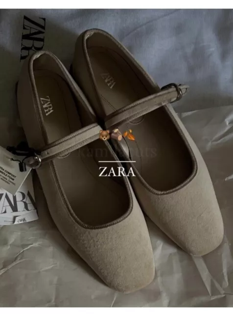 Zara Flat ballet Velvet Mary Jane Shoes Buckled strap comfy  Taupe Neutral 7.5 2