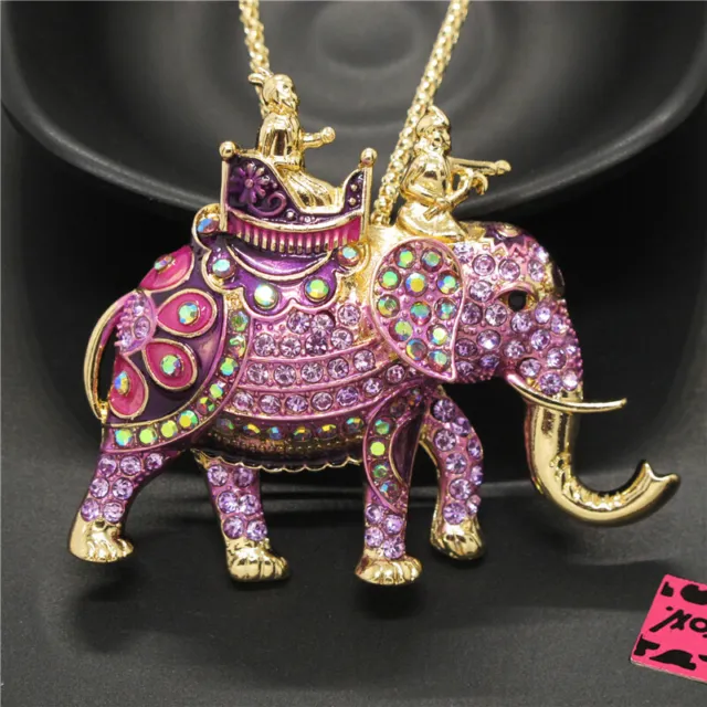 New Betsey Johnson Purple  Enamel Royal Elephant Crystal Pendant Chain Necklace
