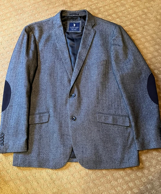 US Polo Assn Men's Blazer Gray Herringbone Elbow Patches Sport Coat Jacket Sz XL