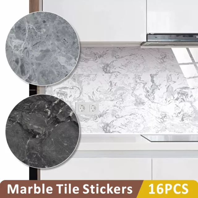 16x Self-Adhesive Marble Tiles Sticker Stick On Wall Floor Kitchen Bathroom Deco