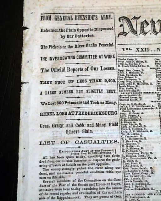 BATTLE OF FREDERICKSBURG VA Aftermath w/ Gen. Ambrose E. Burnside 1862 Newspaper