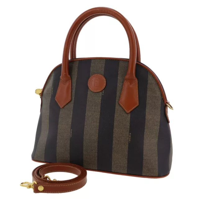 FENDI Pequin Used Handbag Boston Brown Black PVC Leather Italy Vintage  #AG815 M