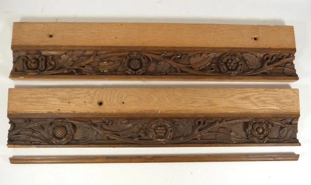 2 Antique Hand-Carved Oak Architectural Salvage Trim Pieces Floral/Leaf 24 x 5"