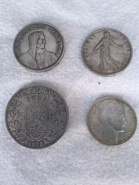 Lot De4 Pieces En Argent Francaises Belge Et Suisse