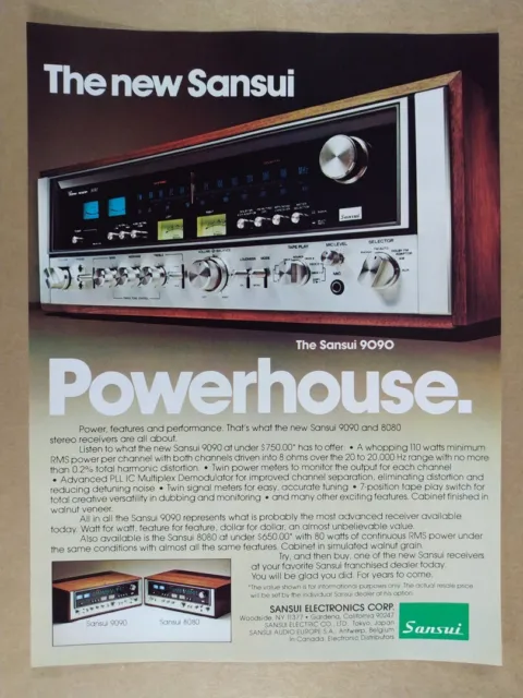 1976 Sansui 9090 Stereo Receiver 'Powerhouse.' vintage print Ad