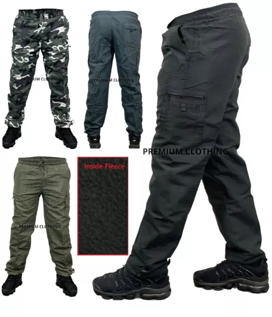 Mens THERMAL Fleece LINED Elasticated Work TROUSERS Cargo Combat Pants Bottoms