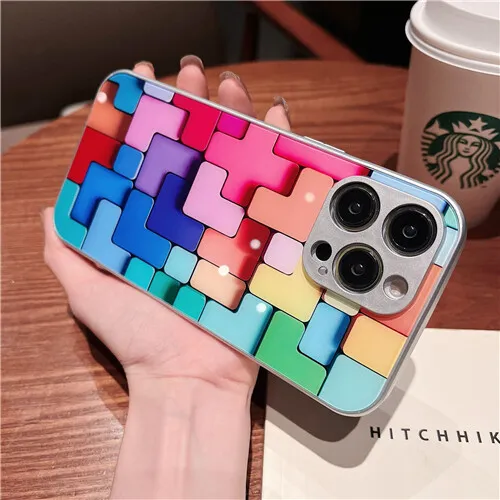 New Flat 3D Square Pattern Glass Case Cover for iPhone 15 14 13 12 11 Pro Max XS 3