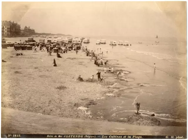 ‎Belgique, Ostende, Les Cabine et la Plage Vintage albumen print Tirage album