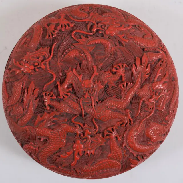 Chinese Red Cinnabar Lacquer Five Toe Five Dragon Shou Mark Circular Box Qing