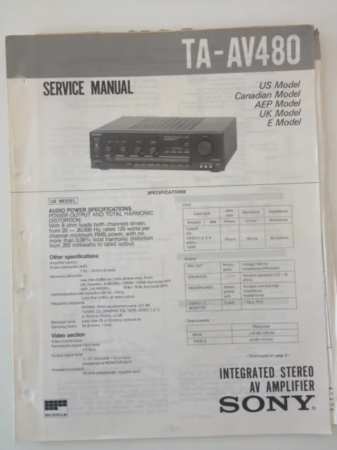 Schema SONY - Service Manual Integrated Stereo AV Amplifier TA-AV480 TAAV480