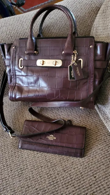 Authentic Coach Blake Carryall Hand Bag. Oxblood Croc Embossed Leather Satchel