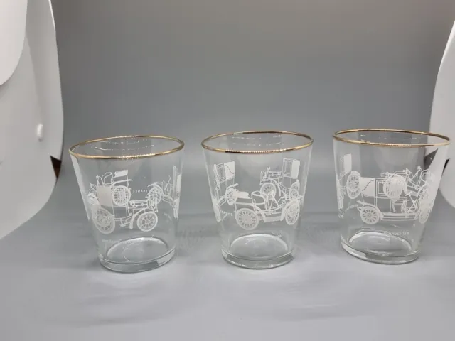 🌟3 X Vintage Tumbler Glasses Classic Car Etched with Gold Rim🌟