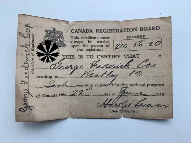 Canada Registration Board Certificate 1918 Paper George Cox Original Collector