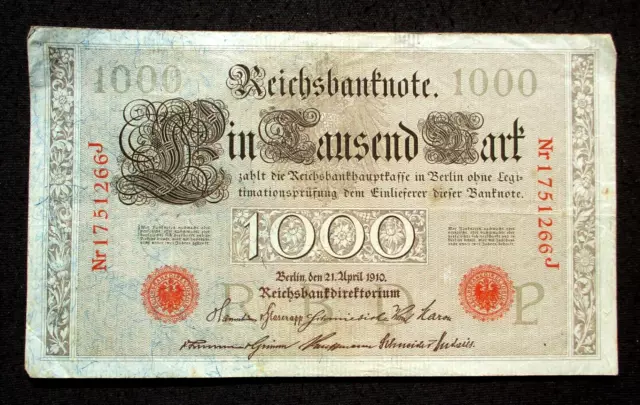 OLD BANKNOTE GERMANY (GERMAN EMPIRE) 1000 MARK 1910 BERLIN RED SEAL Nr 1751266J