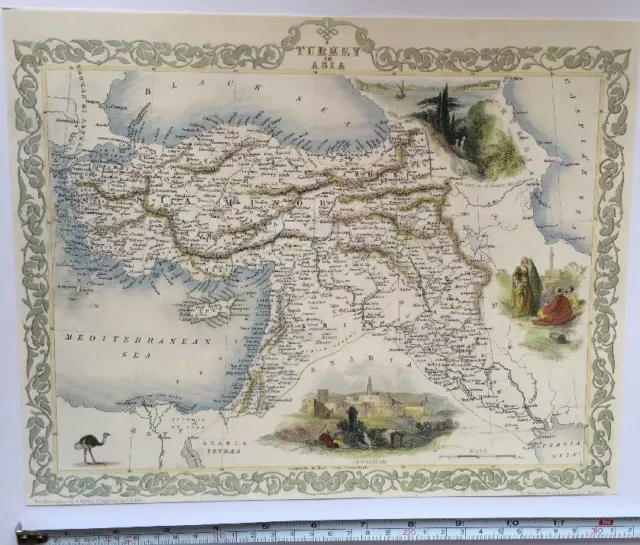 Old Antique Picture map 1800s: Turkey in Asia, Jerusalem: Tallis Reprint 1851c