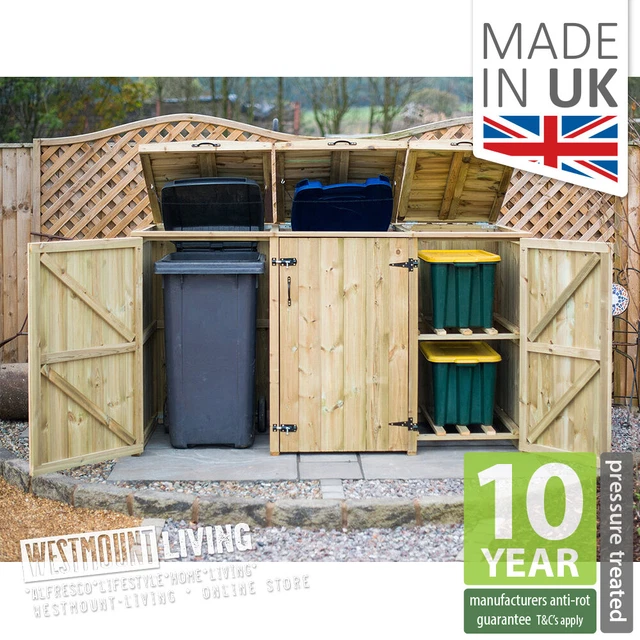 WOODEN WHEELIE BIN Store Triple Double Quad Recycle Rubbish Bins