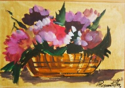 Quadro Natura morta acquarello cesto di fiori di Aldo Pezzenatti 38x32cm 