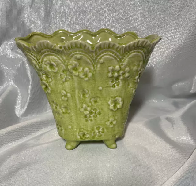 Green Ceramic Vase Rectangular Scalloped Edges with Flowers Footed