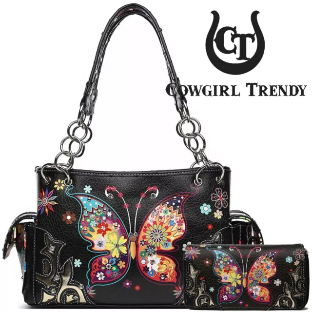 Flower Butterfly Conceal Carry Purse Western Handbags Shoulder Bag Wallet Black