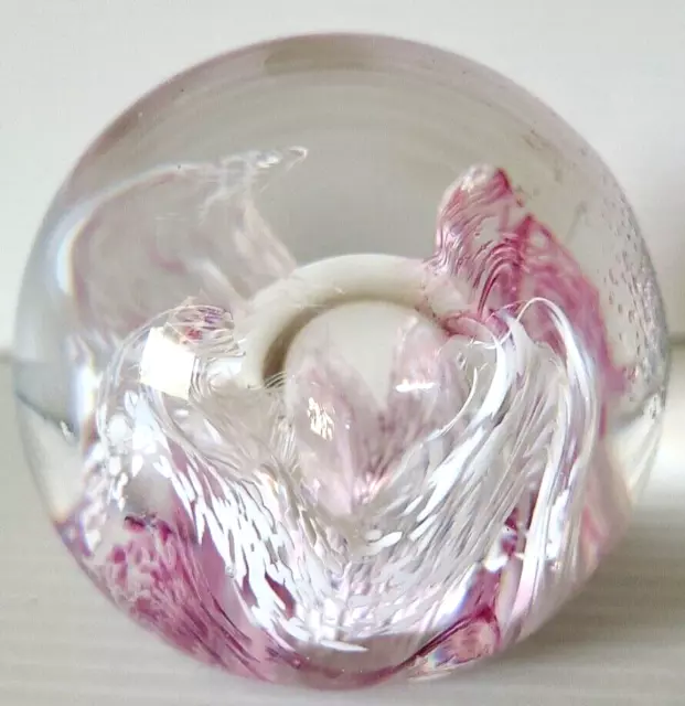 Paperweight Art Glass Small Hand Blown Italy Large Central Bubble Lilac White