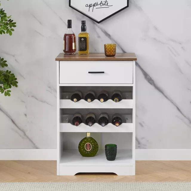 8 Bottles Storage Wine Rack with Drawer Wooden Display Shelf Wine Holder White
