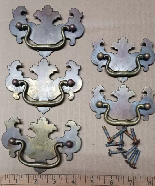 5 Antique BRASS Bat Wing Chippendale Drawer Pulls 3 - A277 and 2- A276 SERVER