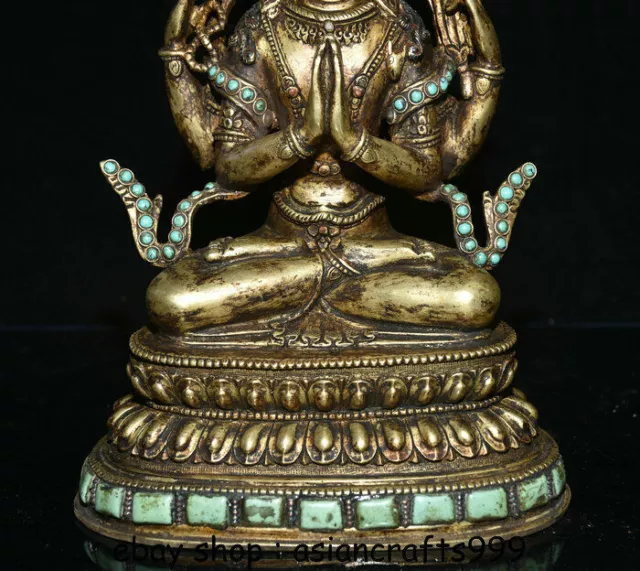 11,2 "Alt Tibet Kupfer 24 Karat Goldvergoldung 4 arme Chenrezig Buddha Statue 3