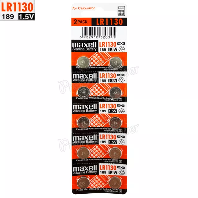 10 x Maxell Alkaline LR1130 batteries 1.5V LR54 189 389 SR1130SW AG10 Pack of 2