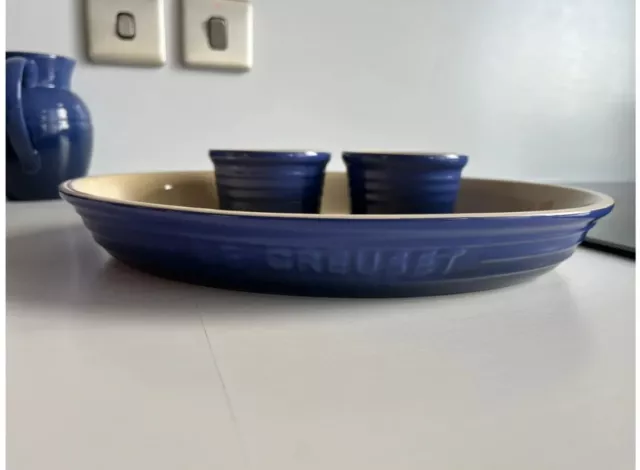 LE CREUSET Stoneware Serve'N'Dip Platter & Ramekins, Cobalt Blue, RARE!