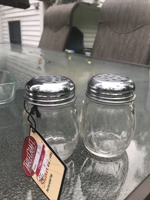 2 Tablecraft H260 Clear Glass/Steel Cheese and Spice Shakers 6 oz. Metal Top