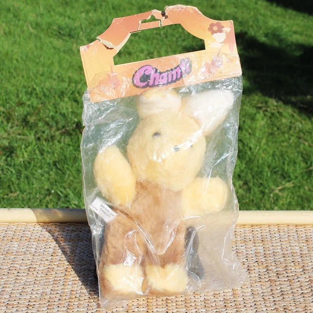 Ancienne peluche Lapin salopette marron jaune blanc Vintage 80 cm chez
