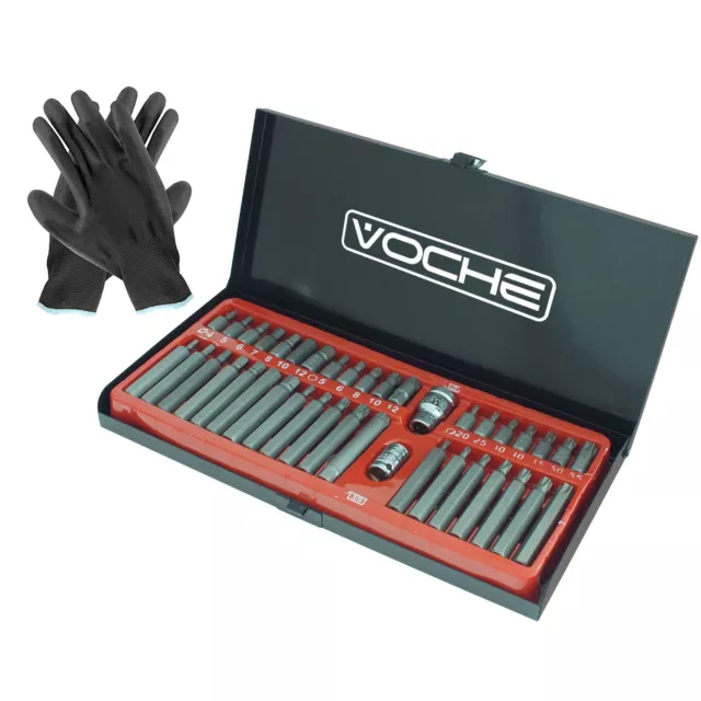 Voche® 40Pc 1/2" 3/8" Dr Hex Spline Torx Impact Bit Set In Metal Case + Gloves